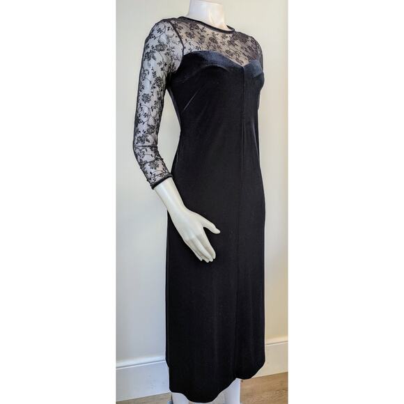VTG 90s Robbie Bee Maxi Dress Gown 8P Black Velvet Sparkle Sheer Lace Event - Picture 3 of 10